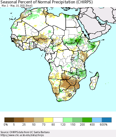 Africa Seasonal Percent of Normal Precipitation (CHIRPS) Thematic Map For 3/1/2021 - 5/10/2021