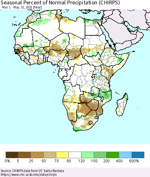 Africa Seasonal Percent of Normal Precipitation (CHIRPS) Thematic Map For 3/1/2021 - 5/31/2021
