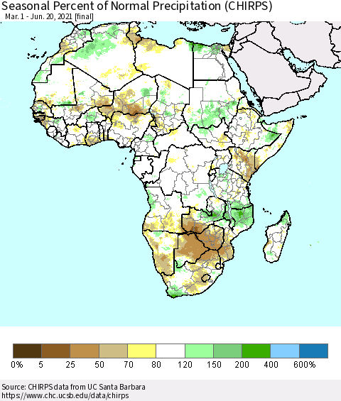 Africa Seasonal Percent of Normal Precipitation (CHIRPS) Thematic Map For 3/1/2021 - 6/20/2021