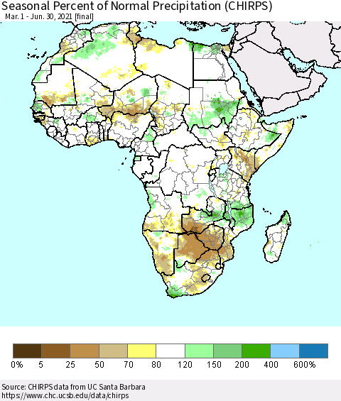 Africa Seasonal Percent of Normal Precipitation (CHIRPS) Thematic Map For 3/1/2021 - 6/30/2021