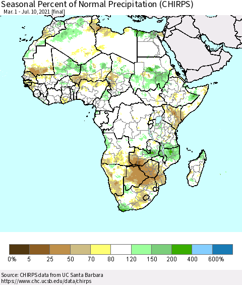 Africa Seasonal Percent of Normal Precipitation (CHIRPS) Thematic Map For 3/1/2021 - 7/10/2021