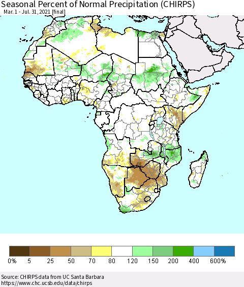 Africa Seasonal Percent of Normal Precipitation (CHIRPS) Thematic Map For 3/1/2021 - 7/31/2021