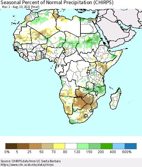Africa Seasonal Percent of Normal Precipitation (CHIRPS) Thematic Map For 3/1/2021 - 8/10/2021