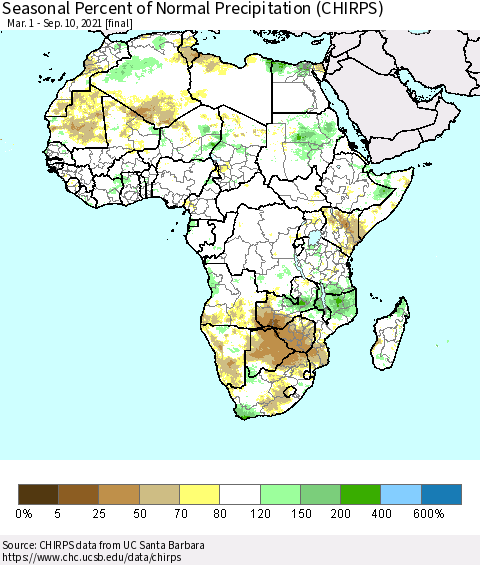 Africa Seasonal Percent of Normal Precipitation (CHIRPS) Thematic Map For 3/1/2021 - 9/10/2021