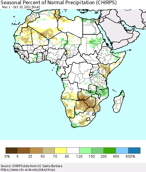Africa Seasonal Percent of Normal Precipitation (CHIRPS) Thematic Map For 3/1/2021 - 10/10/2021