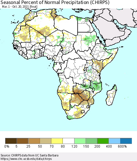 Africa Seasonal Percent of Normal Precipitation (CHIRPS) Thematic Map For 3/1/2021 - 10/20/2021
