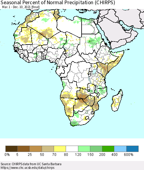 Africa Seasonal Percent of Normal Precipitation (CHIRPS) Thematic Map For 3/1/2021 - 12/10/2021
