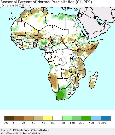Africa Seasonal Percent of Normal Precipitation (CHIRPS) Thematic Map For 10/1/2021 - 1/10/2022