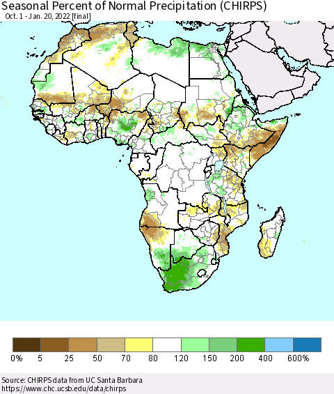 Africa Seasonal Percent of Normal Precipitation (CHIRPS) Thematic Map For 10/1/2021 - 1/20/2022