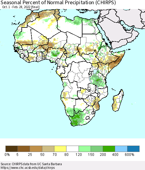 Africa Seasonal Percent of Normal Precipitation (CHIRPS) Thematic Map For 10/1/2021 - 2/28/2022