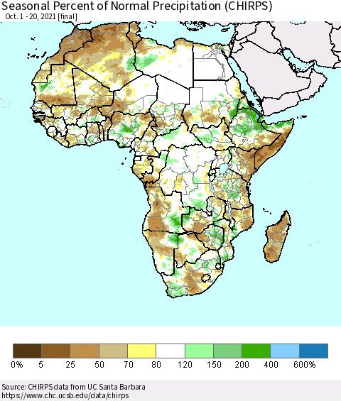 Africa Seasonal Percent of Normal Precipitation (CHIRPS) Thematic Map For 10/1/2021 - 10/20/2021