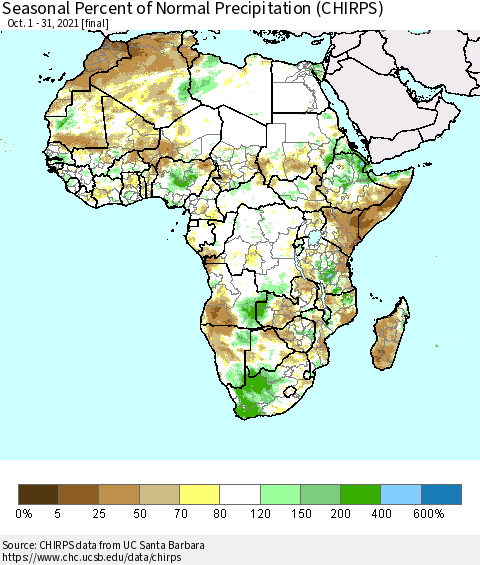 Africa Seasonal Percent of Normal Precipitation (CHIRPS) Thematic Map For 10/1/2021 - 10/31/2021