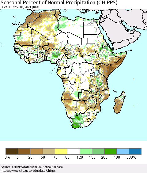 Africa Seasonal Percent of Normal Precipitation (CHIRPS) Thematic Map For 10/1/2021 - 11/10/2021