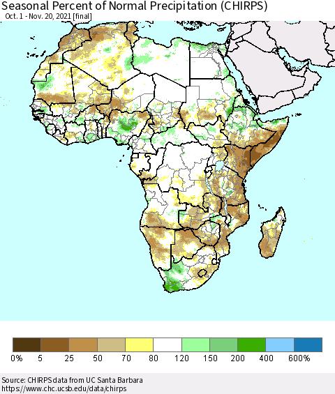 Africa Seasonal Percent of Normal Precipitation (CHIRPS) Thematic Map For 10/1/2021 - 11/20/2021