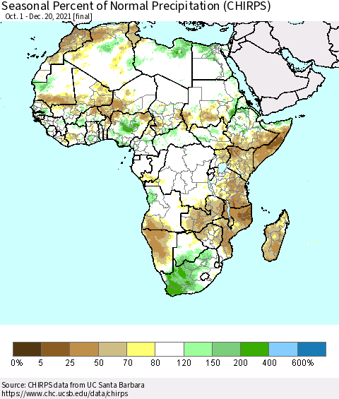 Africa Seasonal Percent of Normal Precipitation (CHIRPS) Thematic Map For 10/1/2021 - 12/20/2021