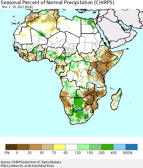 Africa Seasonal Percent of Normal Precipitation (CHIRPS) Thematic Map For 3/1/2022 - 3/10/2022