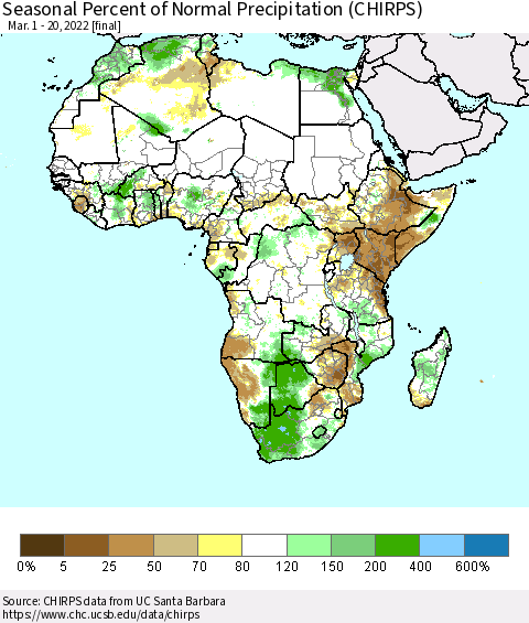 Africa Seasonal Percent of Normal Precipitation (CHIRPS) Thematic Map For 3/1/2022 - 3/20/2022