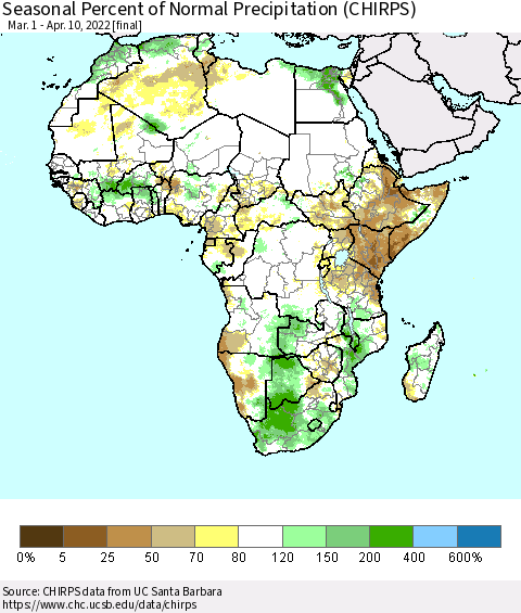 Africa Seasonal Percent of Normal Precipitation (CHIRPS) Thematic Map For 3/1/2022 - 4/10/2022