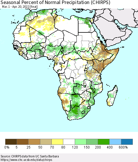 Africa Seasonal Percent of Normal Precipitation (CHIRPS) Thematic Map For 3/1/2022 - 4/20/2022