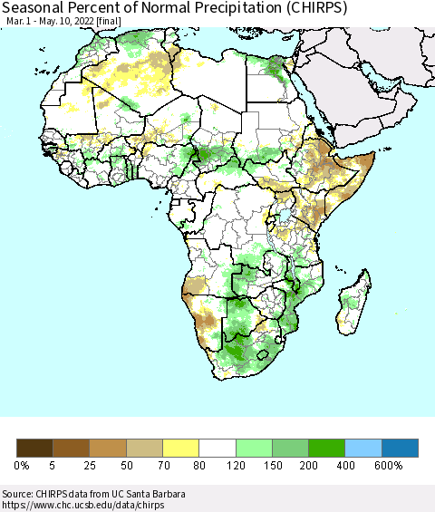 Africa Seasonal Percent of Normal Precipitation (CHIRPS) Thematic Map For 3/1/2022 - 5/10/2022