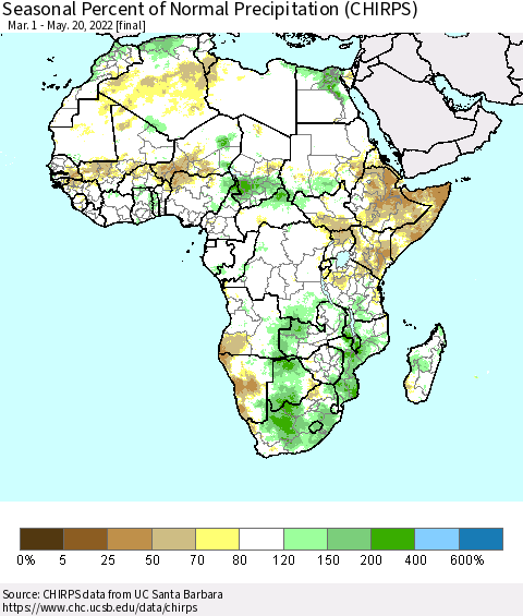 Africa Seasonal Percent of Normal Precipitation (CHIRPS) Thematic Map For 3/1/2022 - 5/20/2022