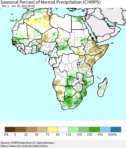 Africa Seasonal Percent of Normal Precipitation (CHIRPS) Thematic Map For 3/1/2022 - 6/30/2022