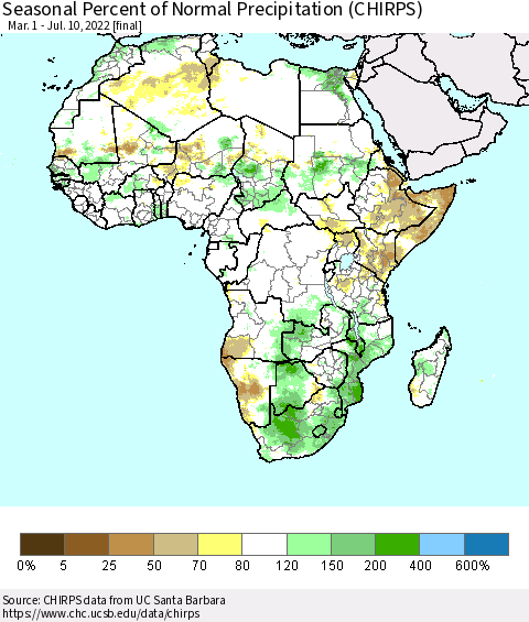 Africa Seasonal Percent of Normal Precipitation (CHIRPS) Thematic Map For 3/1/2022 - 7/10/2022