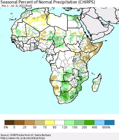 Africa Seasonal Percent of Normal Precipitation (CHIRPS) Thematic Map For 3/1/2022 - 7/31/2022