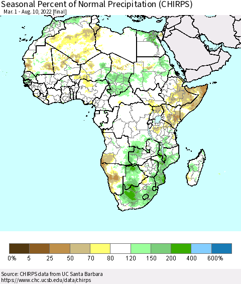 Africa Seasonal Percent of Normal Precipitation (CHIRPS) Thematic Map For 3/1/2022 - 8/10/2022