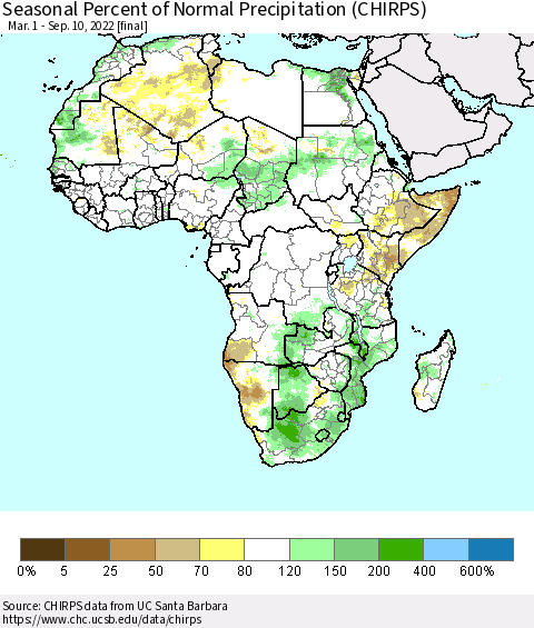 Africa Seasonal Percent of Normal Precipitation (CHIRPS) Thematic Map For 3/1/2022 - 9/10/2022