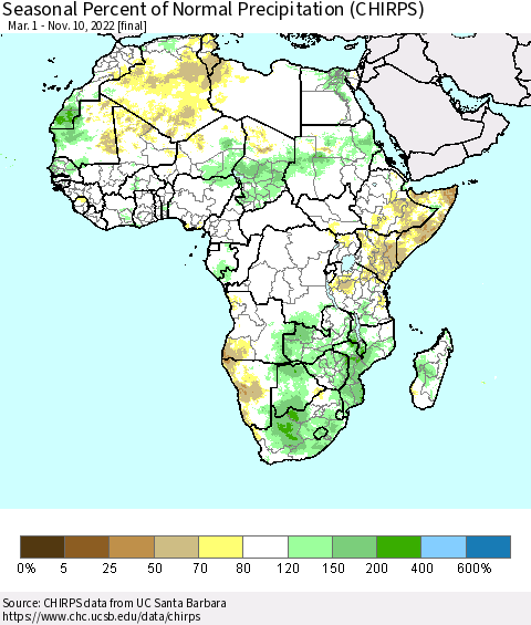 Africa Seasonal Percent of Normal Precipitation (CHIRPS) Thematic Map For 3/1/2022 - 11/10/2022