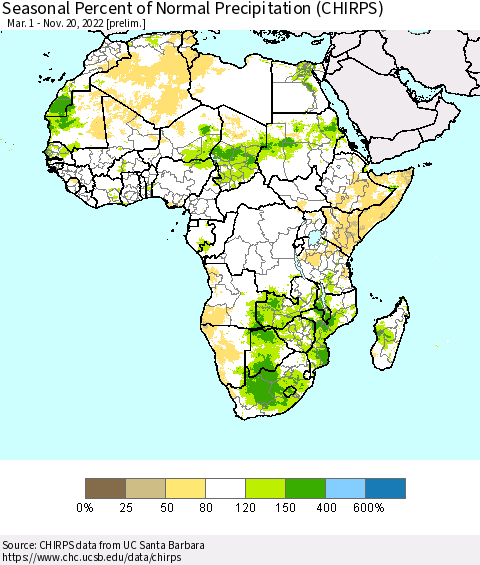 Africa Seasonal Percent of Normal Precipitation (CHIRPS) Thematic Map For 3/1/2022 - 11/20/2022