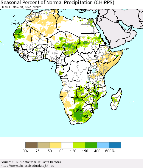 Africa Seasonal Percent of Normal Precipitation (CHIRPS) Thematic Map For 3/1/2022 - 11/30/2022