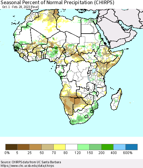 Africa Seasonal Percent of Normal Precipitation (CHIRPS) Thematic Map For 10/1/2022 - 2/28/2023