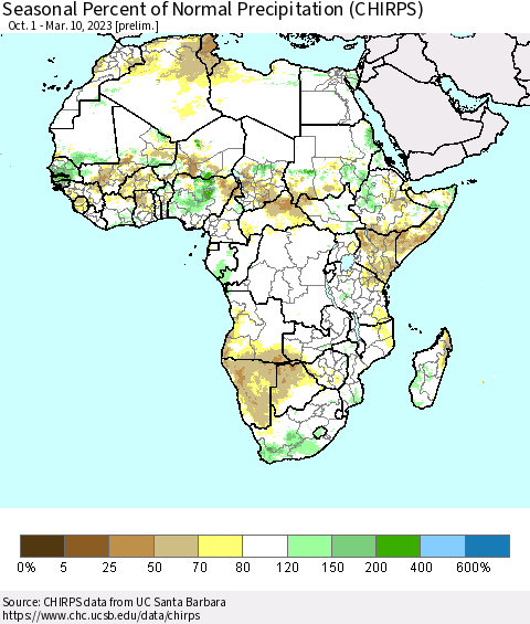 Africa Seasonal Percent of Normal Precipitation (CHIRPS) Thematic Map For 10/1/2022 - 3/10/2023