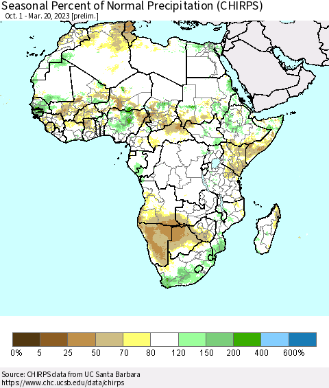Africa Seasonal Percent of Normal Precipitation (CHIRPS) Thematic Map For 10/1/2022 - 3/20/2023