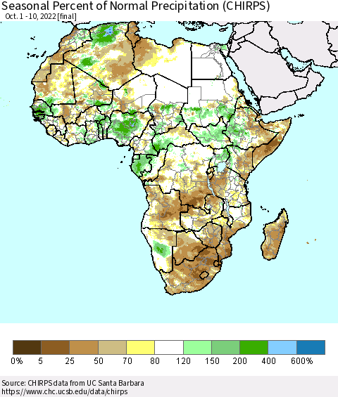 Africa Seasonal Percent of Normal Precipitation (CHIRPS) Thematic Map For 10/1/2022 - 10/10/2022