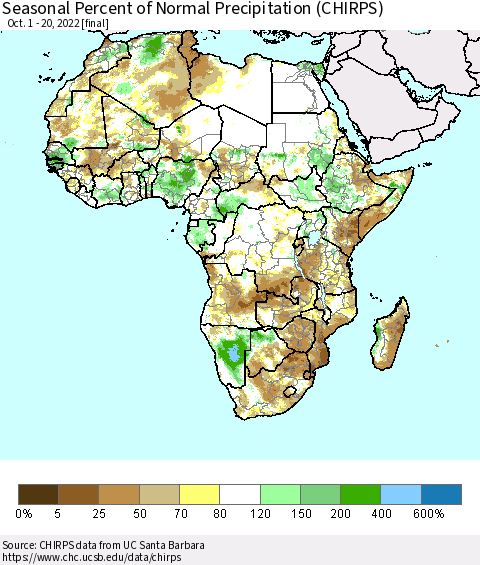 Africa Seasonal Percent of Normal Precipitation (CHIRPS) Thematic Map For 10/1/2022 - 10/20/2022