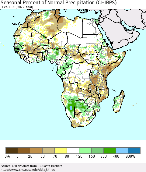 Africa Seasonal Percent of Normal Precipitation (CHIRPS) Thematic Map For 10/1/2022 - 10/31/2022