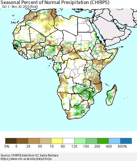 Africa Seasonal Percent of Normal Precipitation (CHIRPS) Thematic Map For 10/1/2022 - 11/20/2022