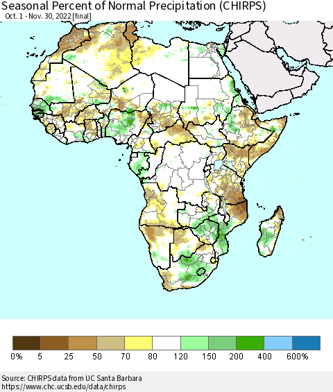 Africa Seasonal Percent of Normal Precipitation (CHIRPS) Thematic Map For 10/1/2022 - 11/30/2022