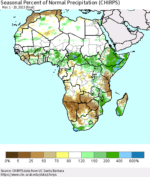 Africa Seasonal Percent of Normal Precipitation (CHIRPS) Thematic Map For 3/1/2023 - 3/20/2023