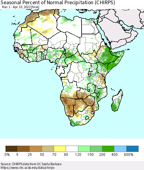 Africa Seasonal Percent of Normal Precipitation (CHIRPS) Thematic Map For 3/1/2023 - 4/10/2023
