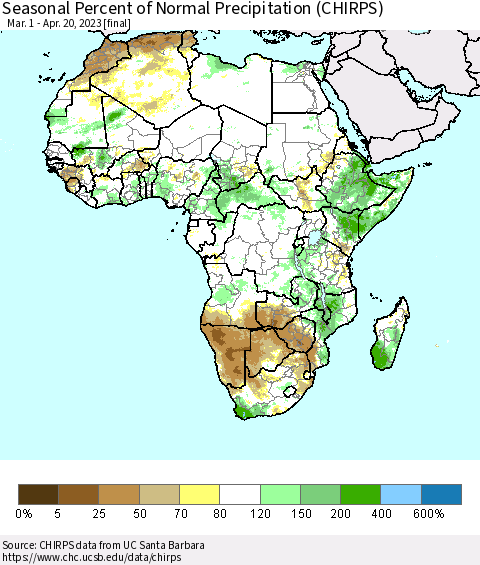 Africa Seasonal Percent of Normal Precipitation (CHIRPS) Thematic Map For 3/1/2023 - 4/20/2023