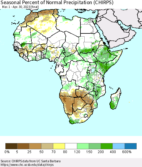 Africa Seasonal Percent of Normal Precipitation (CHIRPS) Thematic Map For 3/1/2023 - 4/30/2023