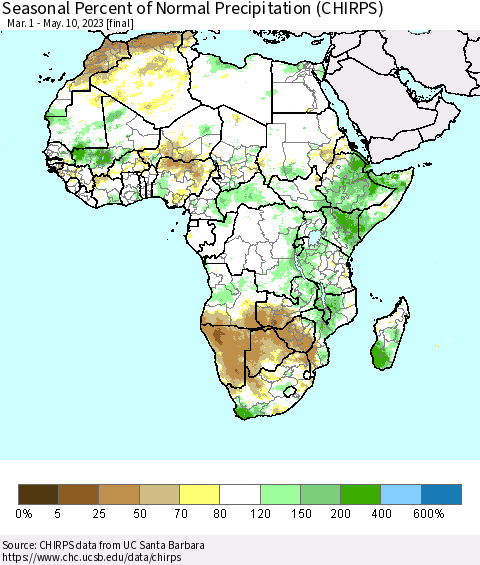 Africa Seasonal Percent of Normal Precipitation (CHIRPS) Thematic Map For 3/1/2023 - 5/10/2023
