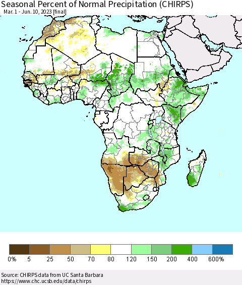 Africa Seasonal Percent of Normal Precipitation (CHIRPS) Thematic Map For 3/1/2023 - 6/10/2023