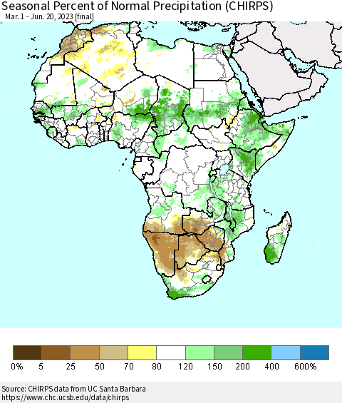 Africa Seasonal Percent of Normal Precipitation (CHIRPS) Thematic Map For 3/1/2023 - 6/20/2023