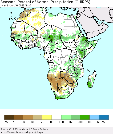 Africa Seasonal Percent of Normal Precipitation (CHIRPS) Thematic Map For 3/1/2023 - 6/30/2023
