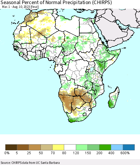 Africa Seasonal Percent of Normal Precipitation (CHIRPS) Thematic Map For 3/1/2023 - 8/10/2023